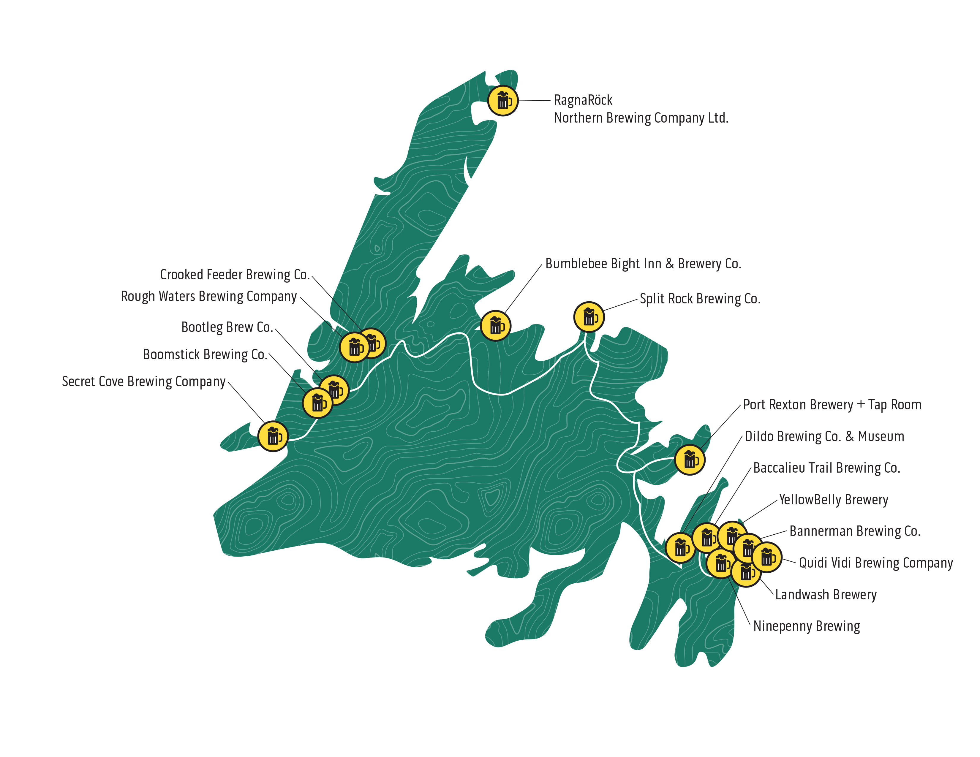 Map of craft breweries from around the island of Newfoundland