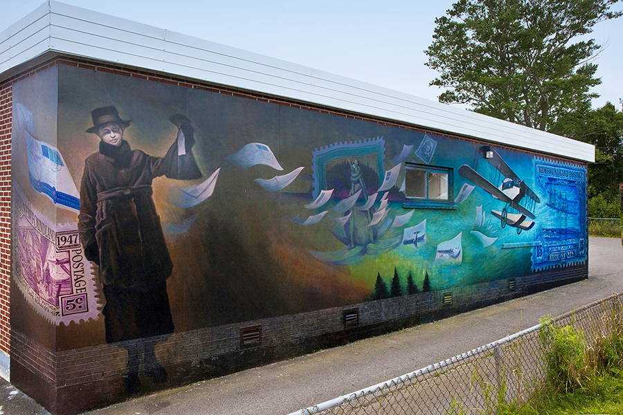 Twilight of Airmail mural in Botwood