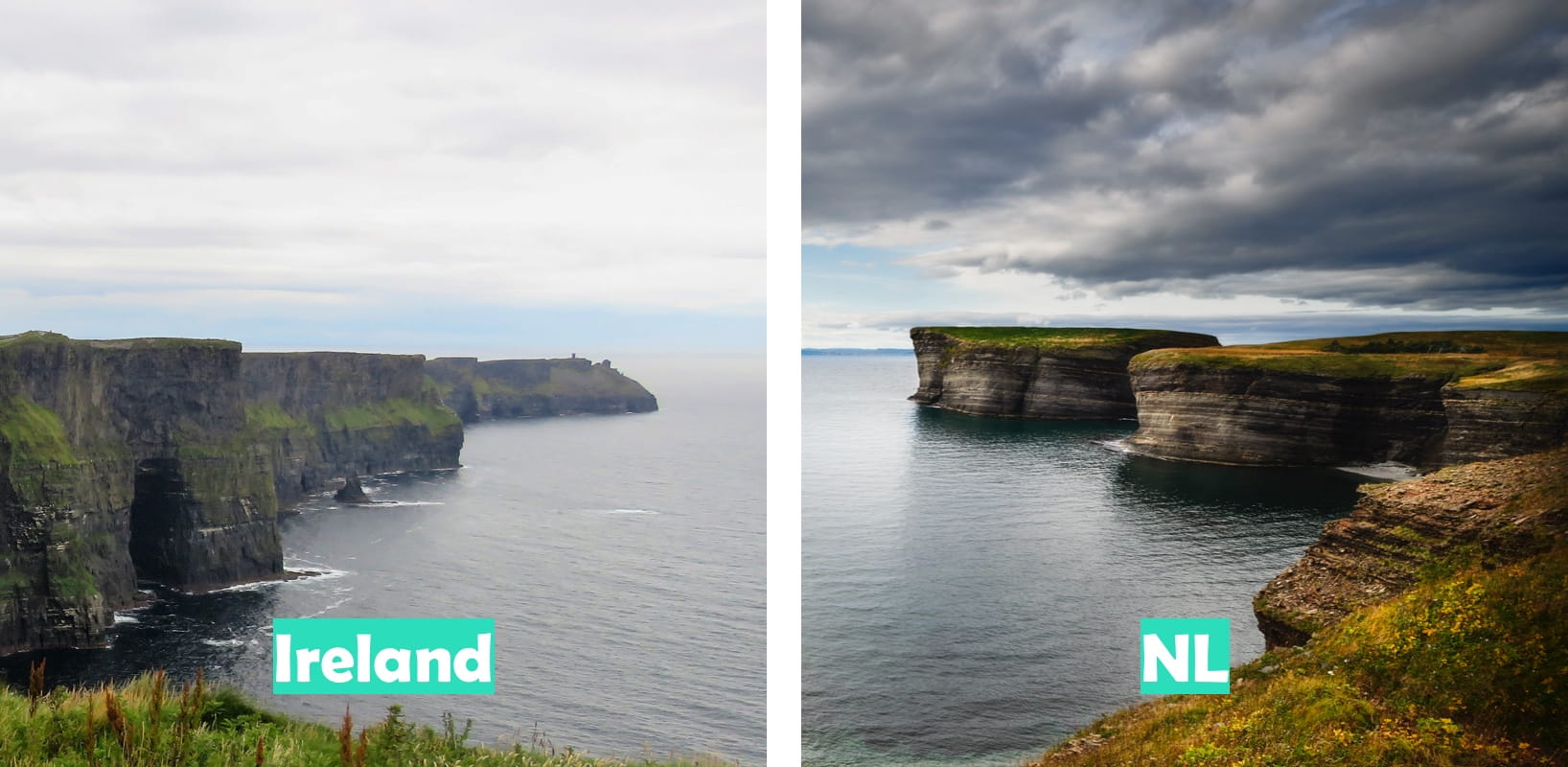 Ireland (Cliffs of Moher pictured) vs Newfoundland & Labrador (Bell Island pictured)